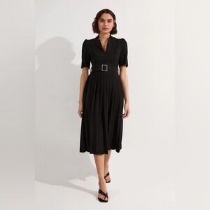Karen Millen Tailored Structured Crepe Forever Pleat Belted Midi Dress